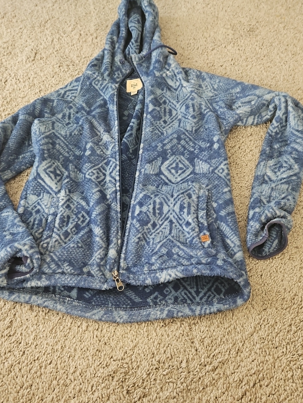 Billabong Blue Patterned Hooded Fleece Zip Sweater